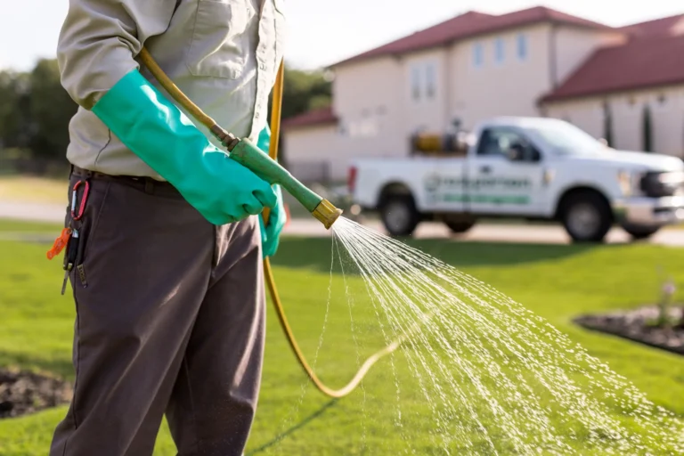 a lawn care technician spraying fertilizer on a lush green lawn with a handheld sprayer