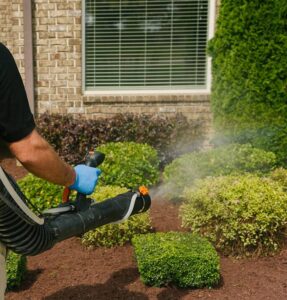 A person wearing protective clothing to apply mosquito control treatment in a residential backyard
