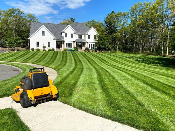 freshly cut lawn with yellow rider lawn mower