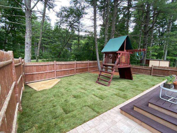 backyard with playset and fresh cut lawn