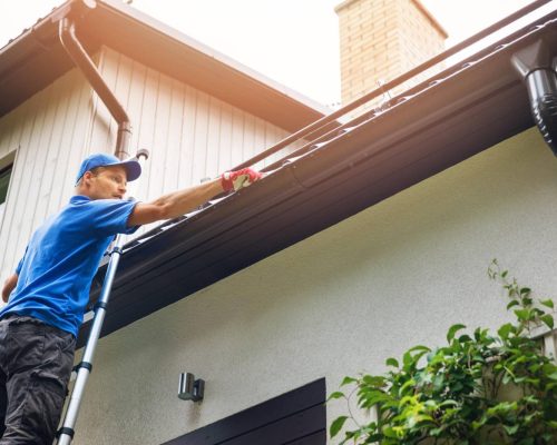 professional in blue shirt on ladder cleaning gutter on home